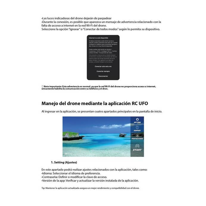 Página del manual de configuración del dron Kiwo E88